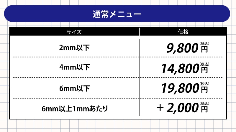 ほくろの通常メニュー表