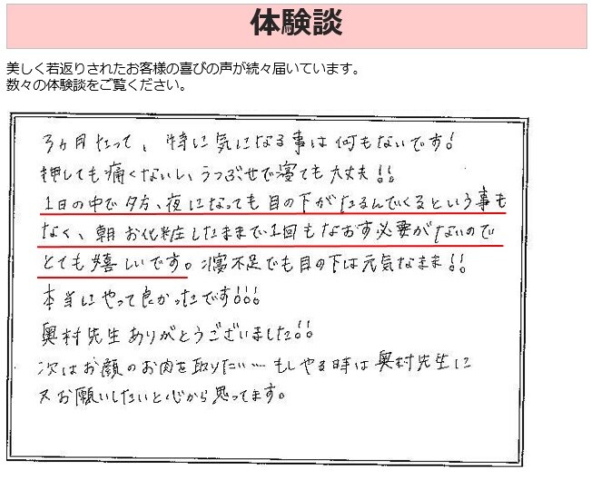 目の下の切らないたるみとり 奥村 モニター体験談1