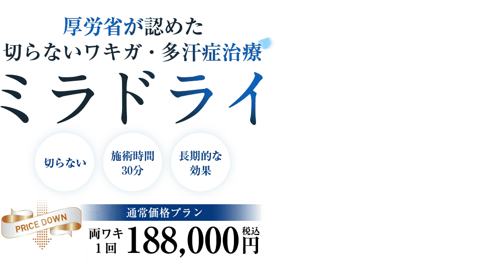 厚労省が認めた切らないワキガ・多汗症治療 ミラドライ「切らない」「長期的な効果」「治療実績12万件以上」マイクロ波によるワキ汗治療　厚労省が唯一認証した医療機器