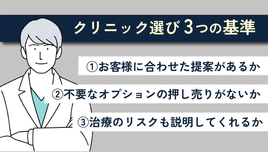 ①症例数や実績だけでなく「骨格や現状のたるみ・仕上がりの理想に合わせたオーダーメイド提案」があるか