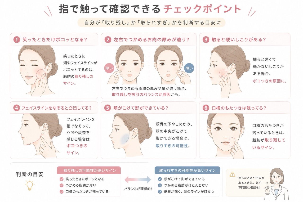 脂肪が「残っている」のか「取られすぎた」のか。今の状態を確認しましょう。<br />
