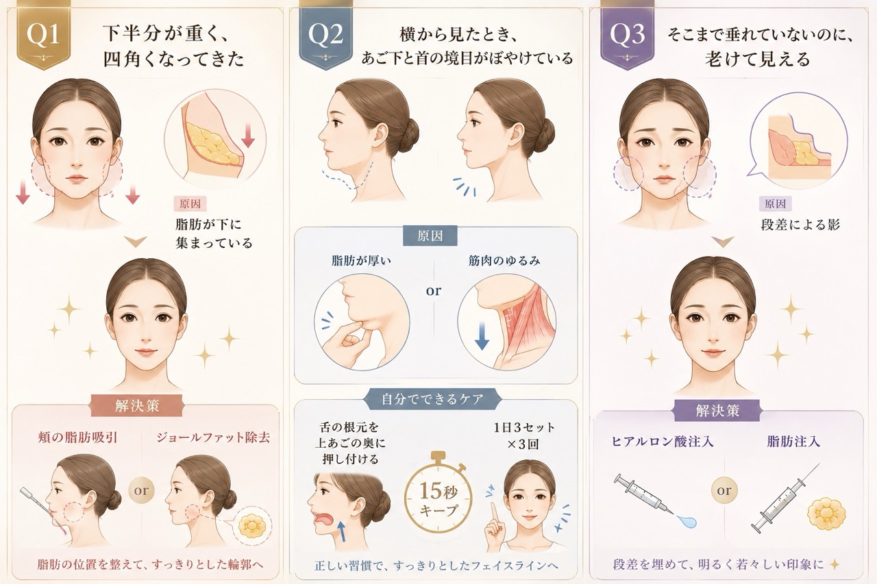 Q1. 顔の下半分が重く、四角くなってきた気がします。