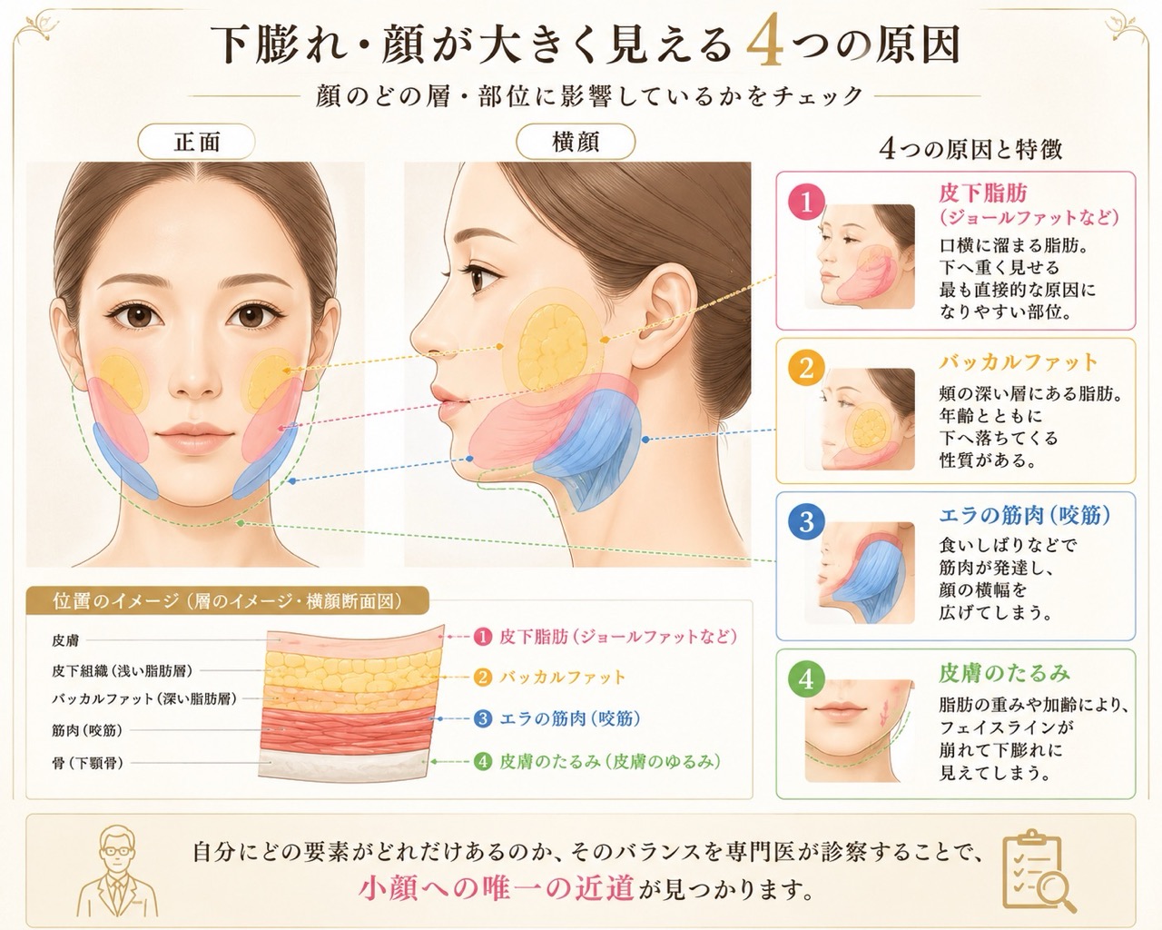脂肪・エラ・たるみが混在。結論は「個別の要因」に合わせた引き算の処置<br />
