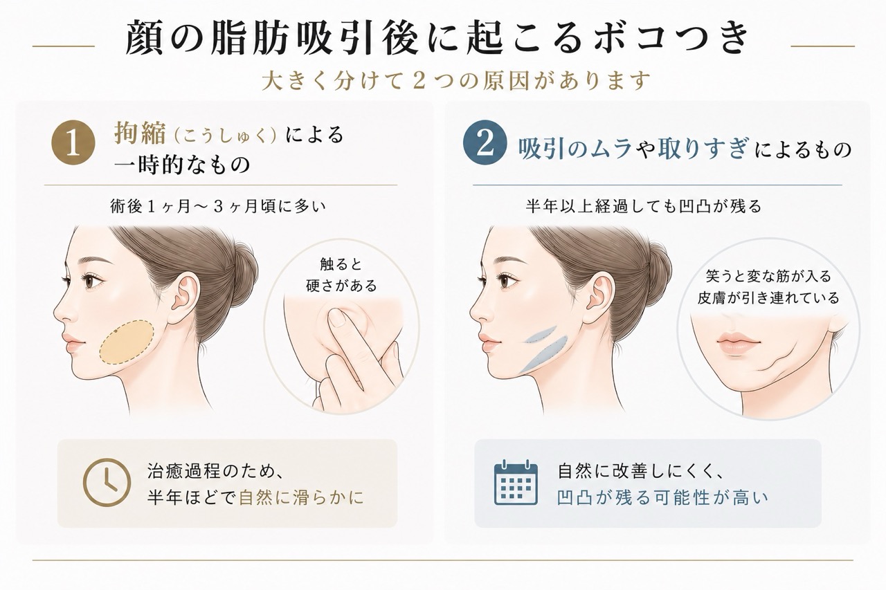 顔の脂肪吸引後に起こるボコつきが生じる大きな2つの原因<br />
