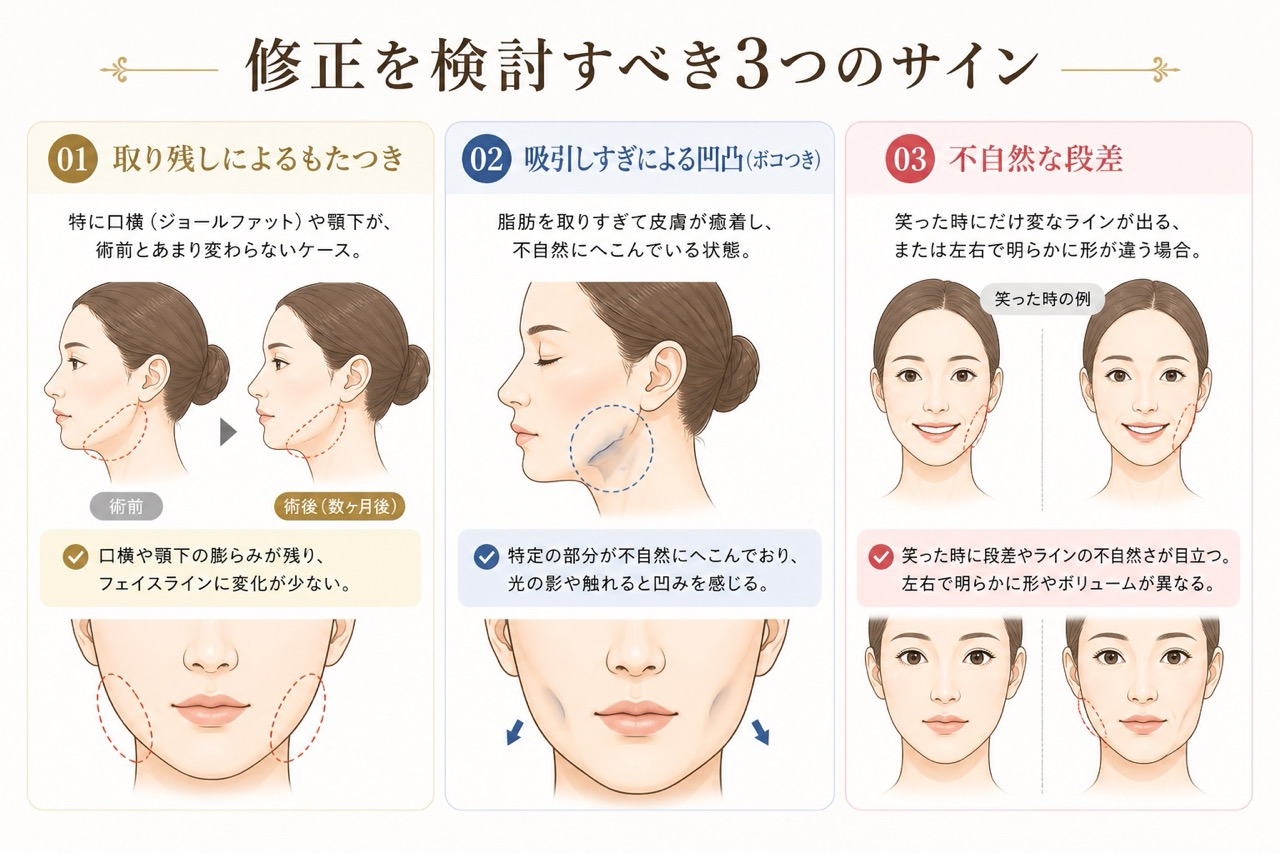 術後、以下のような悩みを感じている場合、修正手術を検討するタイミングかもしれません。