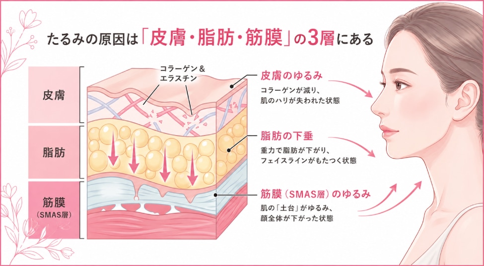 たるみの原因は「皮膚・脂肪・筋膜」の3層にある