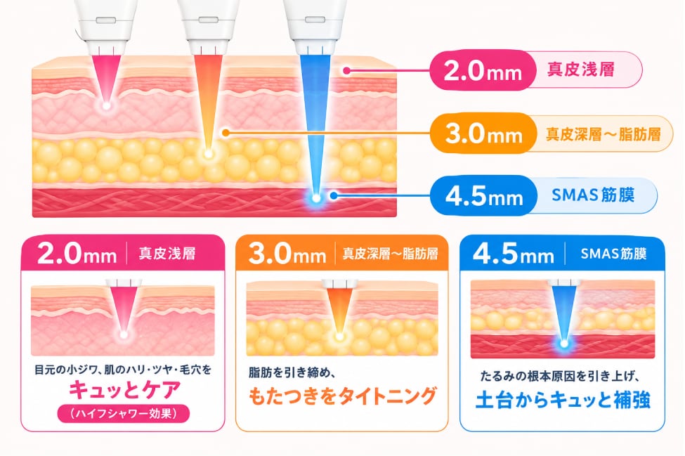 3つの深さ（2.0mm・3.0mm・4.5mm）へ立体アプローチ