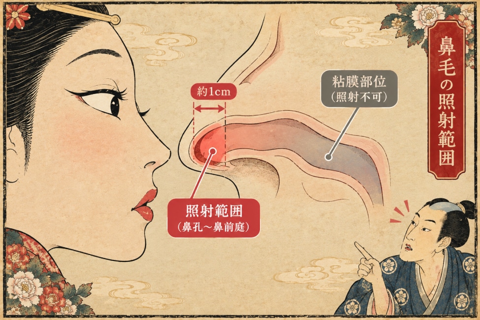 鼻毛の照射範囲：鼻孔から鼻前庭に向けて奥1cm