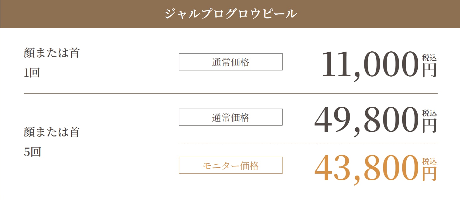 ジャルプログロウピール料金表