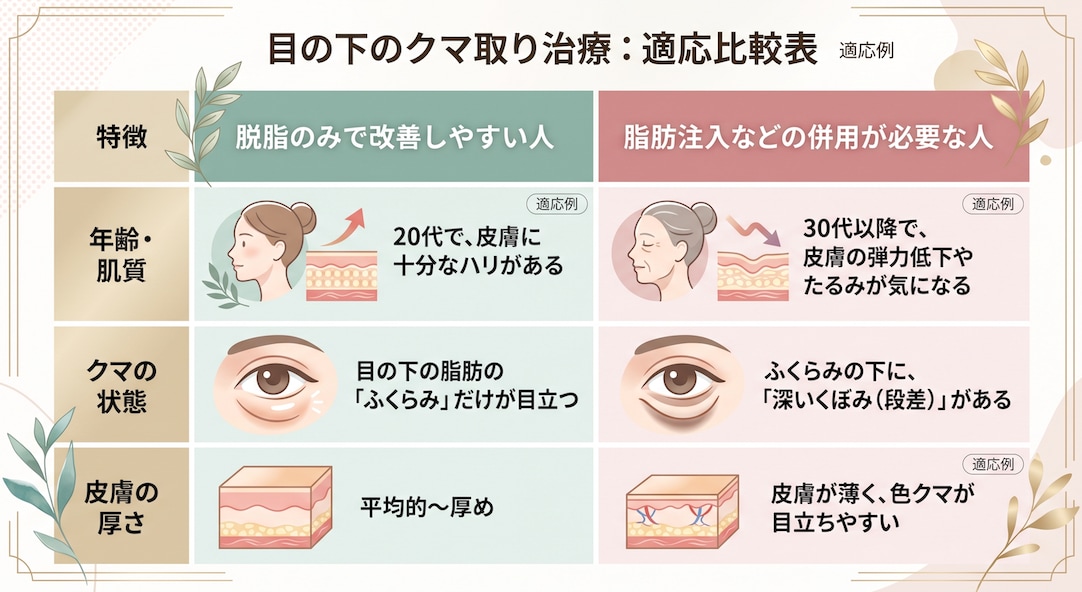 クマ取りで後悔しないためには、自分のクマが「どのタイプ」なのかを正しく把握することが重要です。