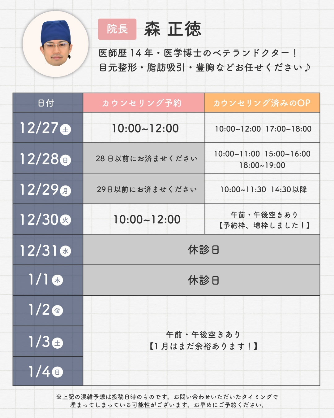 カウンセリング&施術枠の空き状況