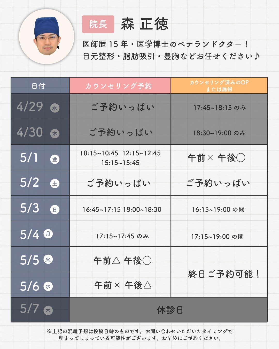カウンセリング&施術枠の空き状況