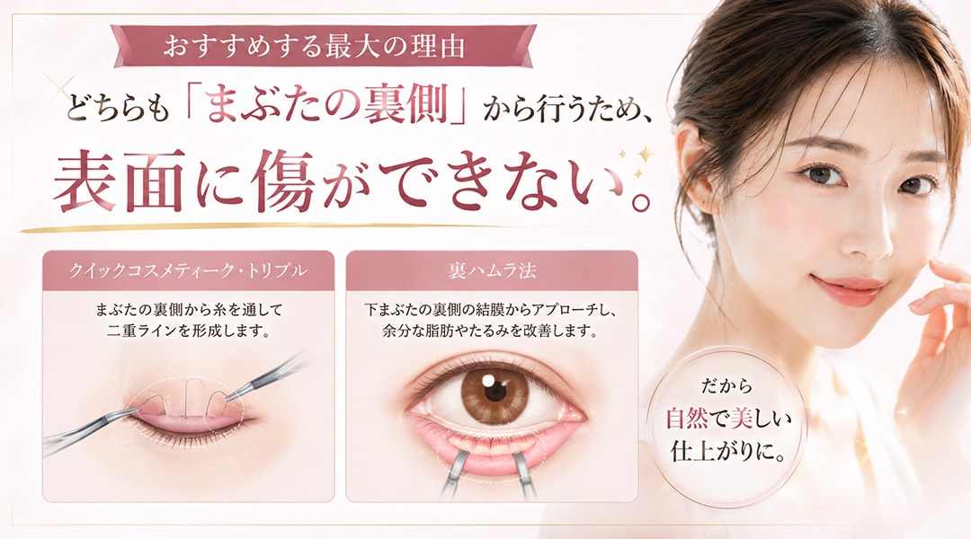 おすすめする最大の理由：どちらも「まぶたの裏側」から行うため、表面に傷ができない