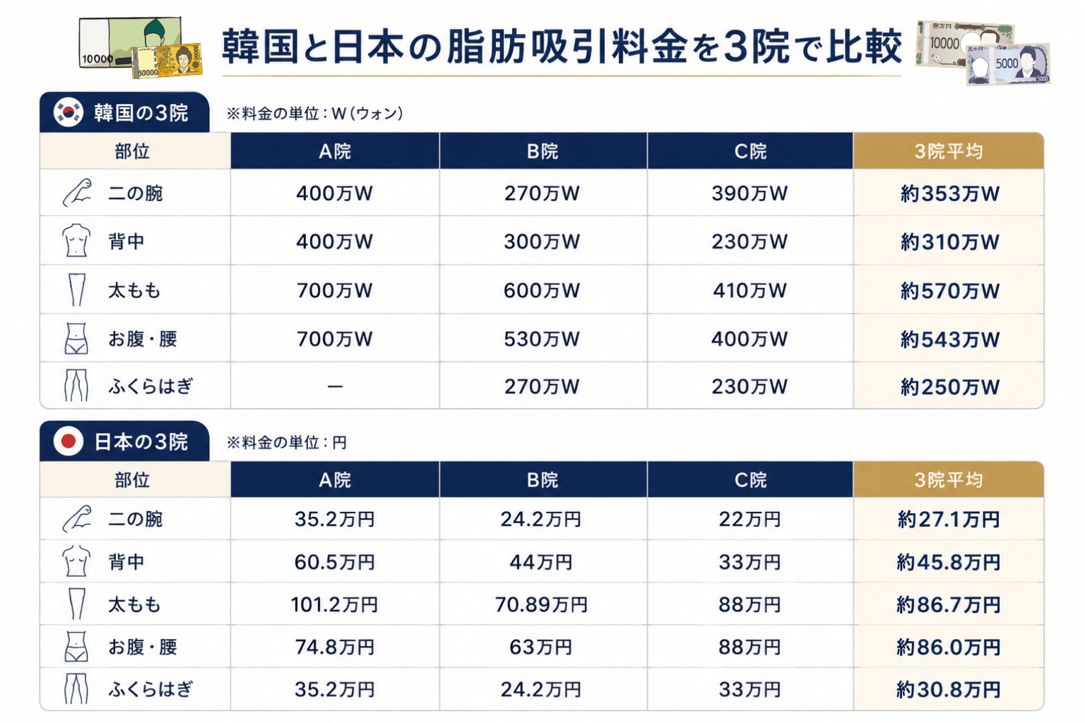 韓国と日本の脂肪吸引料金を6院で比較