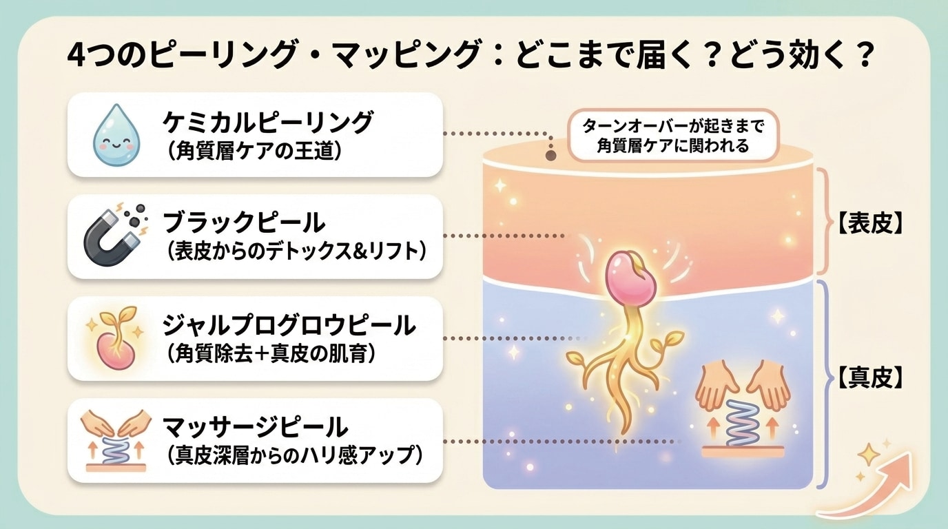 4つのピーリング・マッピング:どこまで届く?どう効く?