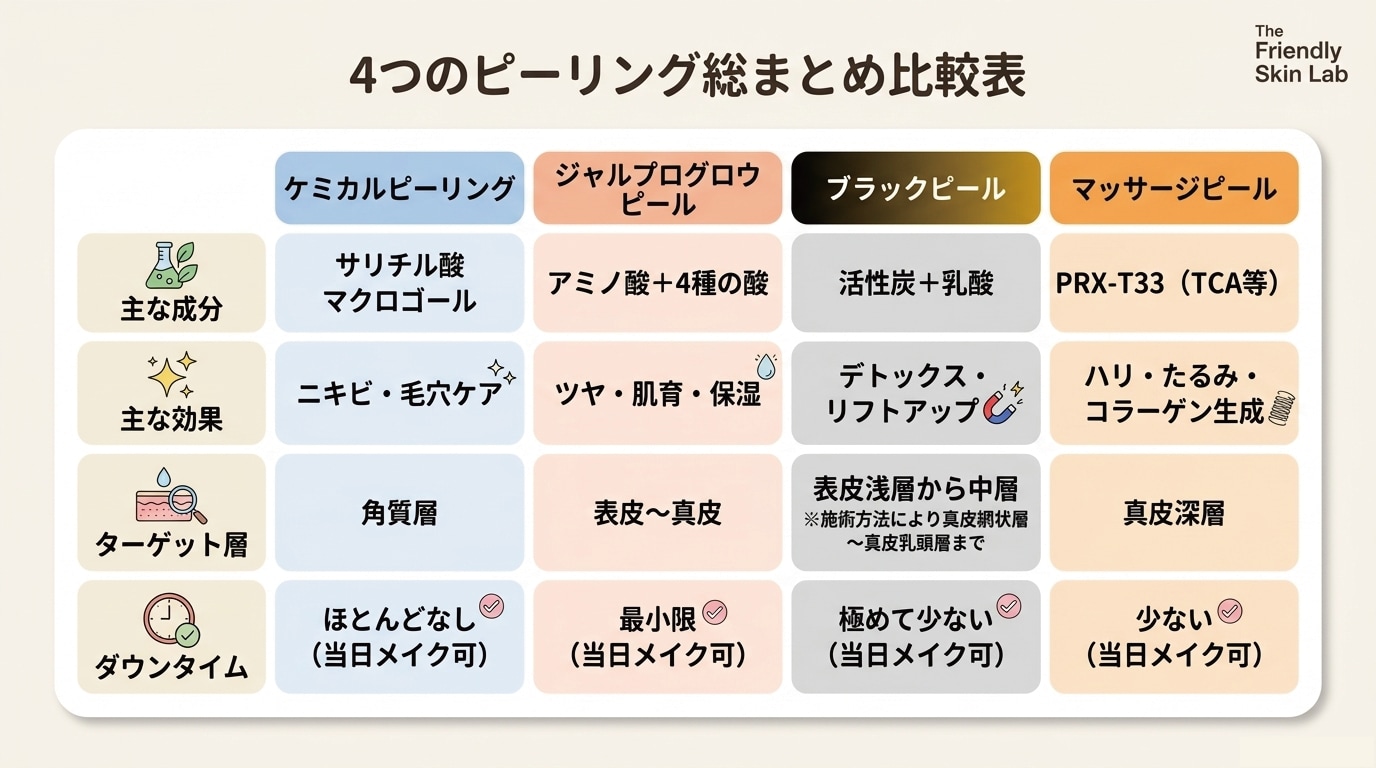 4つのピーリング総まとめ比較表(成分・効果・ターゲット層・ダウンタイム)