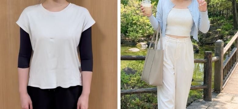 二の腕脂肪吸引の圧迫着（ボレロ）がバレない服装の比較画像。左はフレンチスリーブでボレロが見えてしまうNG例、右はカーディガンを羽織って圧迫着を完全に隠したOKコーデ例。
