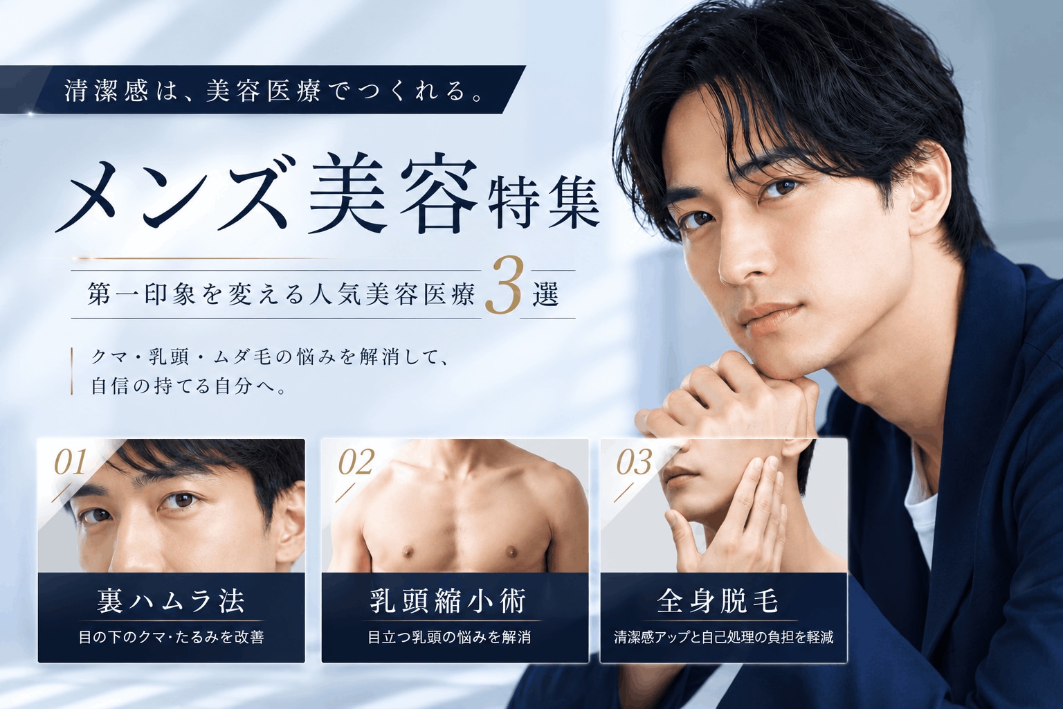 メンズ美容特集｜第一印象を変える人気美容医療3選【クマ取り・乳頭縮小・全身脱毛】