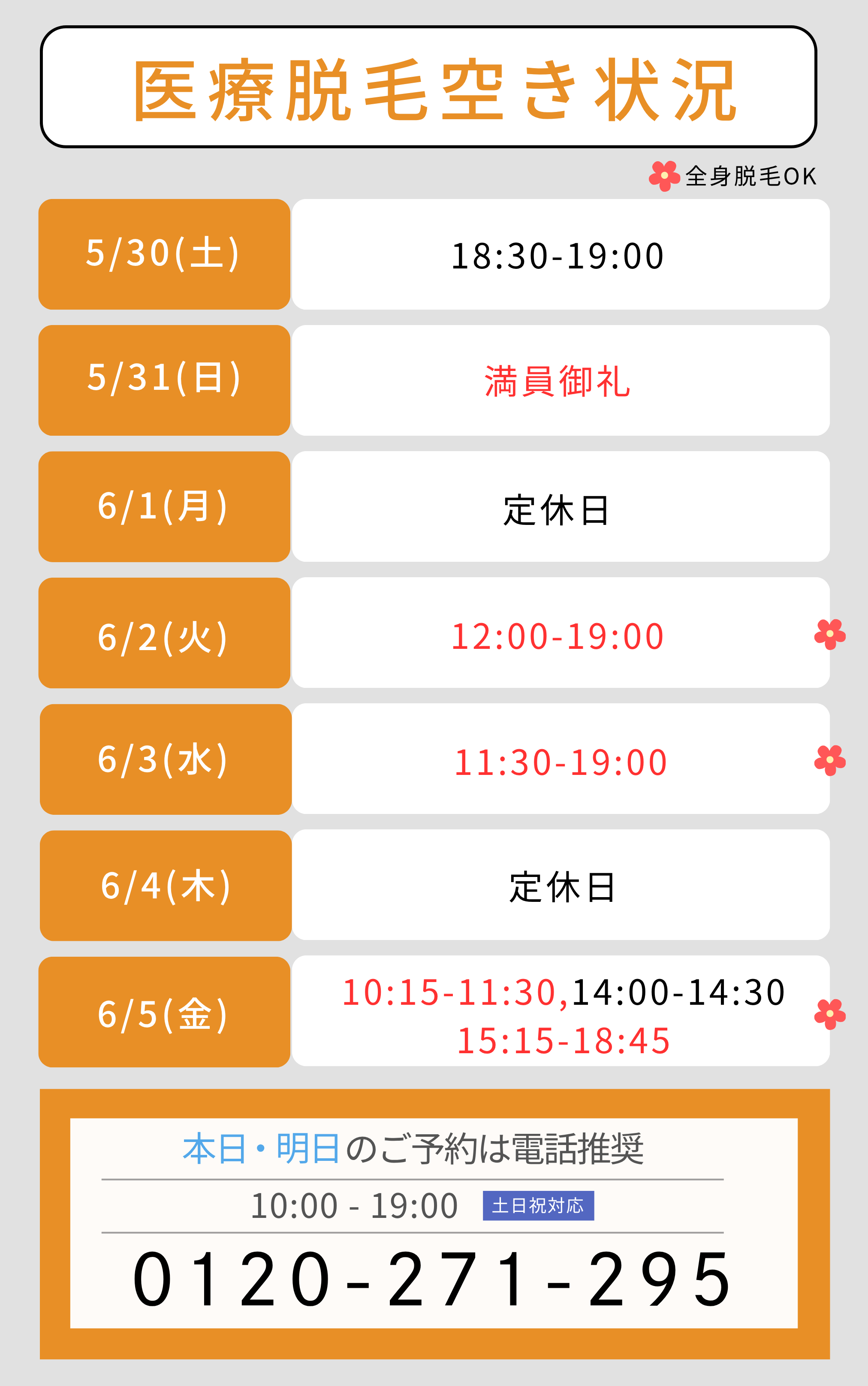 5/29時点医療脱毛空き状況