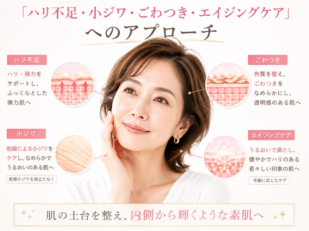 40代・50代以上のお悩み「ハリ不足・小ジワ・ごわつき・エイジングケア」へのアプローチ
