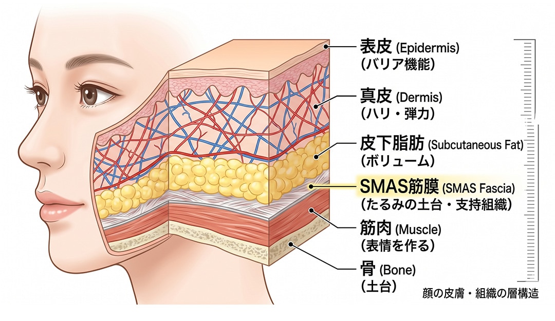 ① 皮膚の弾力不足によるたるみと対応治療