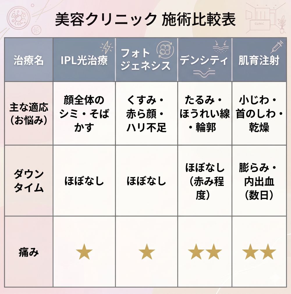シミ・たるみおすすめ治療比較表<br />
