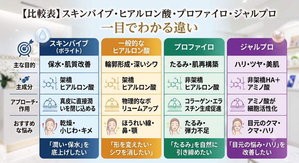 スキンバイブ（ボライト）とヒアルロン酸とプロファイロ・ジャルプロの違い