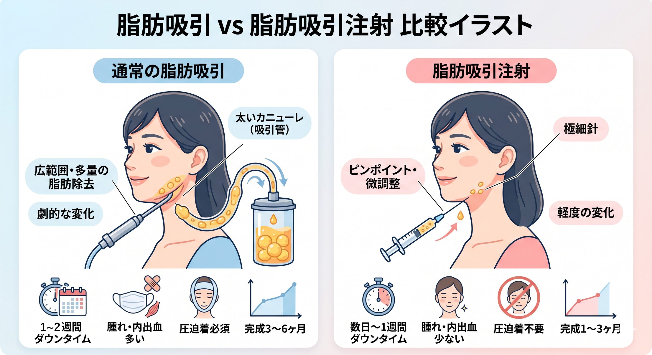 脂肪吸引と脂肪吸引注射、施術中の痛みや術後のダウンタイムはどちらが少ないですか？