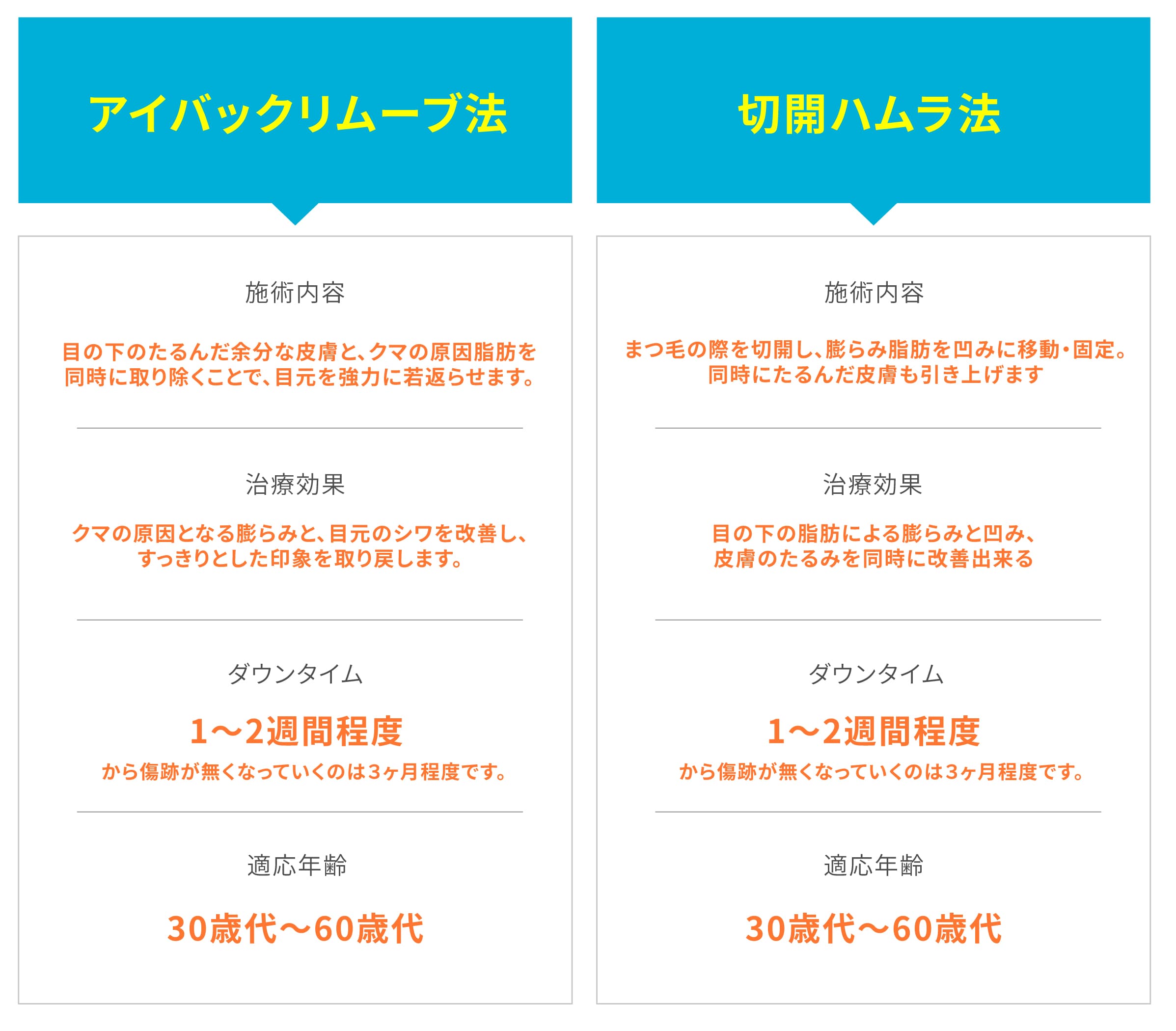 比較表：アイバックリムーブ法 vs. 切開ハムラ法