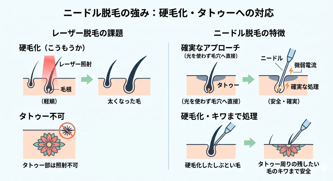 硬毛化した毛やタトゥー周辺の毛も処理できる