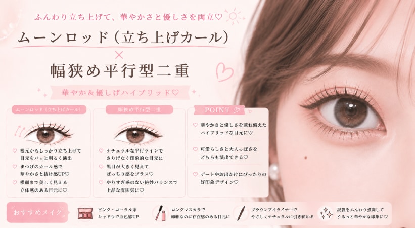 【ムーンロッド（立ち上げカール） × 幅狭め平行型二重】で華やか＆優しげハイブリッド