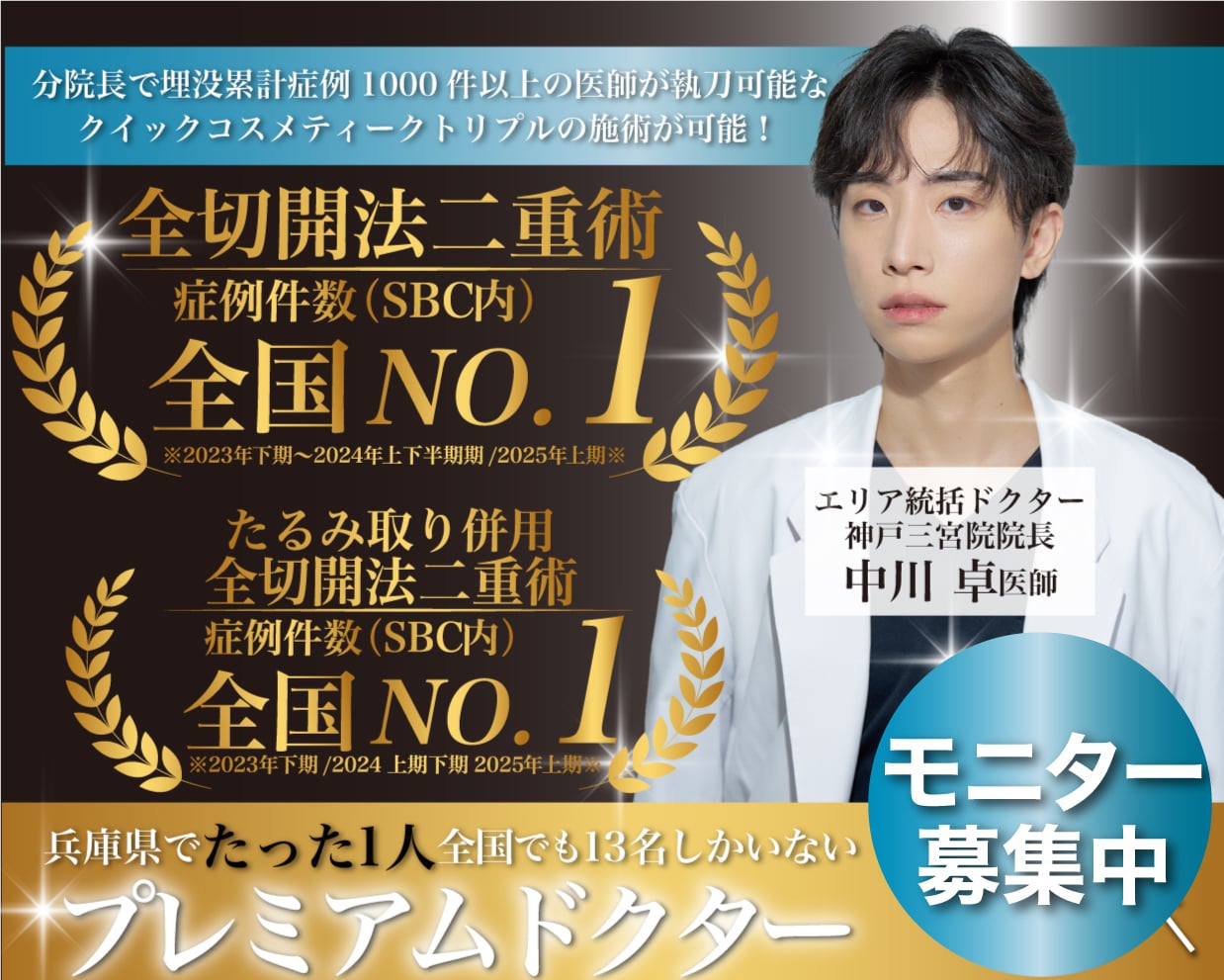 二重切開法症例数SBC内3期連続全国No.1(*)の実績(*2023下期〜2025年上期)