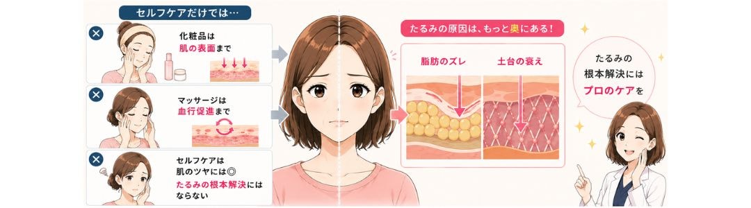 Q：高級な化粧品やマッサージを頑張れば、たるみやほうれい線は良くなりますか？<br />
