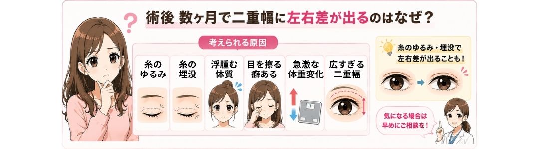 Q:術後数ヶ月経ってから、二重幅に左右差が出てくるのはなぜですか？元々の目の形以外に考えられる原因はありますか？