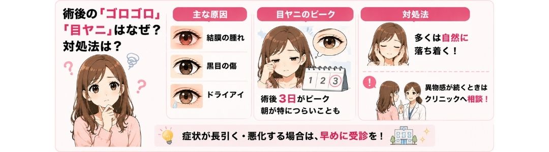 Q:施術を受けた後、『目がゴロゴロする』『目ヤニがすごい』という口コミがありますが、これはなぜ起こるのですか？対処法はありますか？