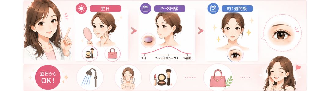 Q.ダウンタイム（腫れや内出血）はどれくらいですか？翌日から普段通り過ごせますか？