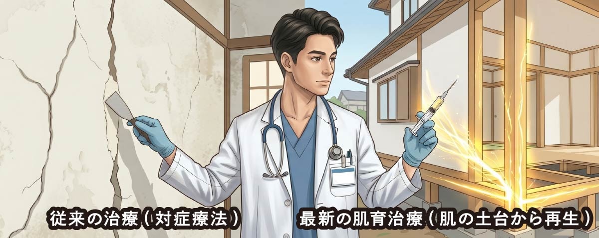 従来の美容注射とスキンブースターの違い（建築の例え）
