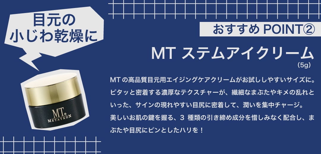 MTメタトロンの主要成分が詰まったMT ステムアイクリームが試せる！<br />
