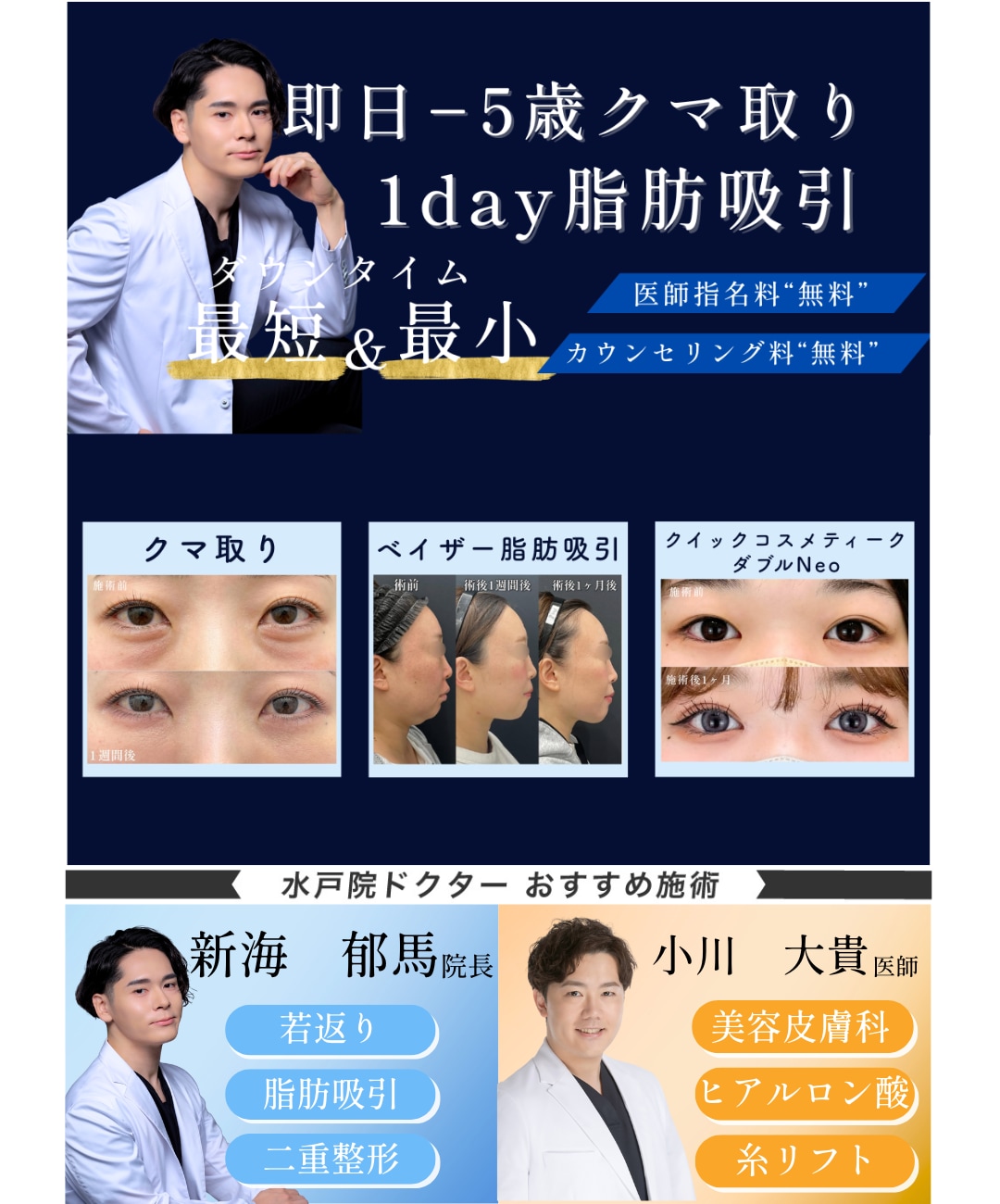 新海医師の得意施術は脂肪吸引とクマ取りです。3月に向けての集客で二重施術の症例写真を掲載してます。