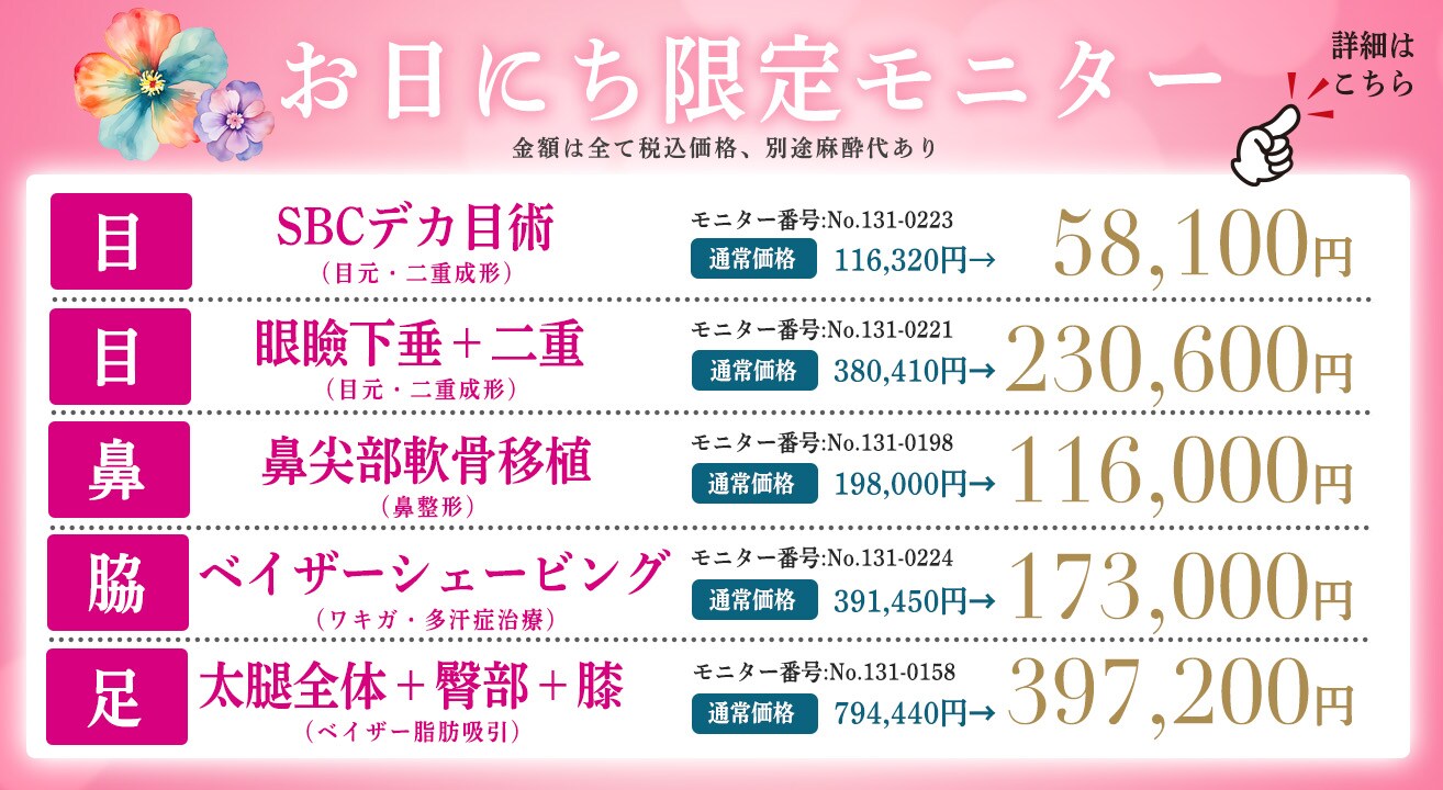 クマ改善や若返り・たるみ改善・二重など宮崎院のモニター募集一覧