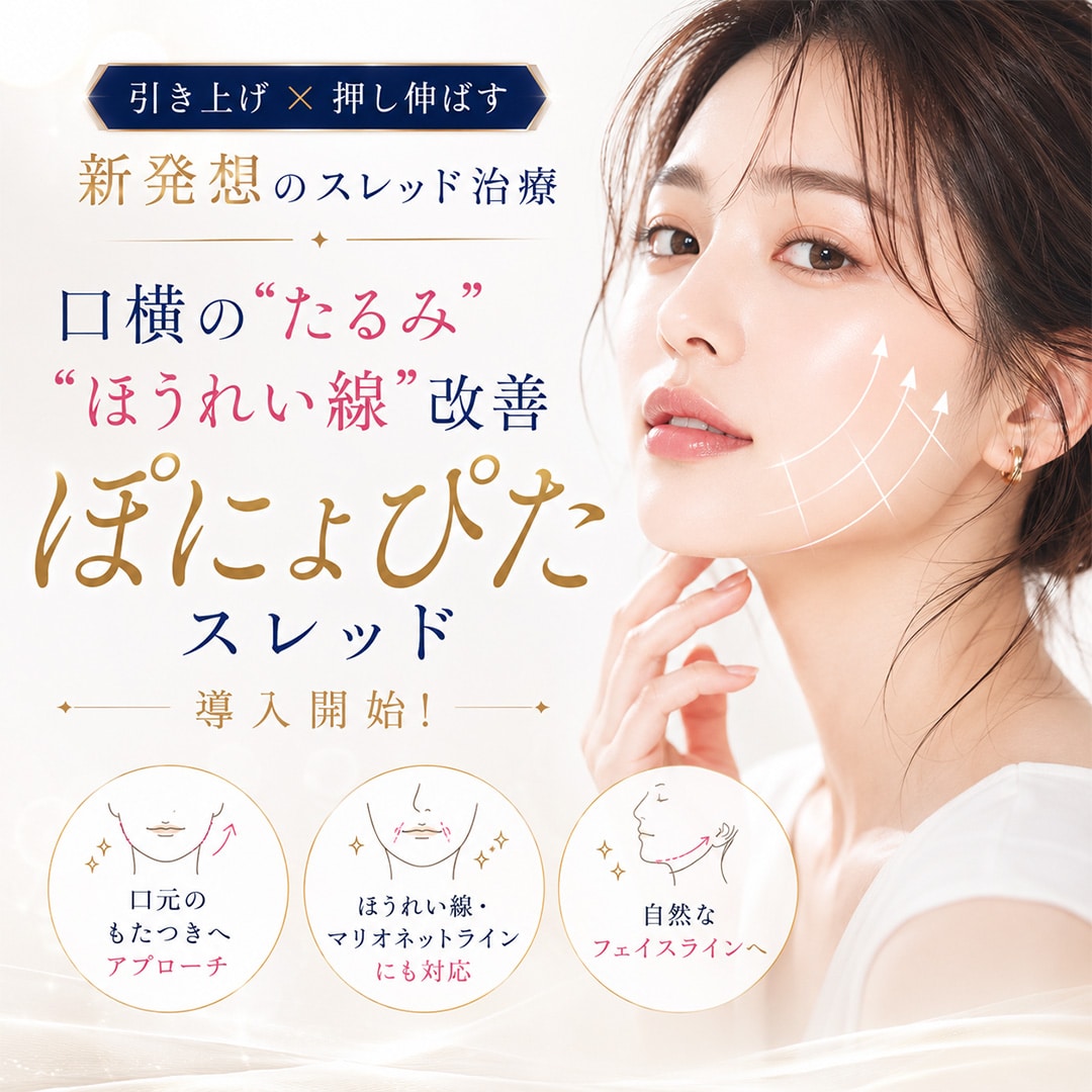 【新治療】引き上げ×押し伸ばす新発想！口横の“たるみ”、“ほうれい線”改善『ぽにょぴたスレッド』導入開始！【流山おおたかの森院】