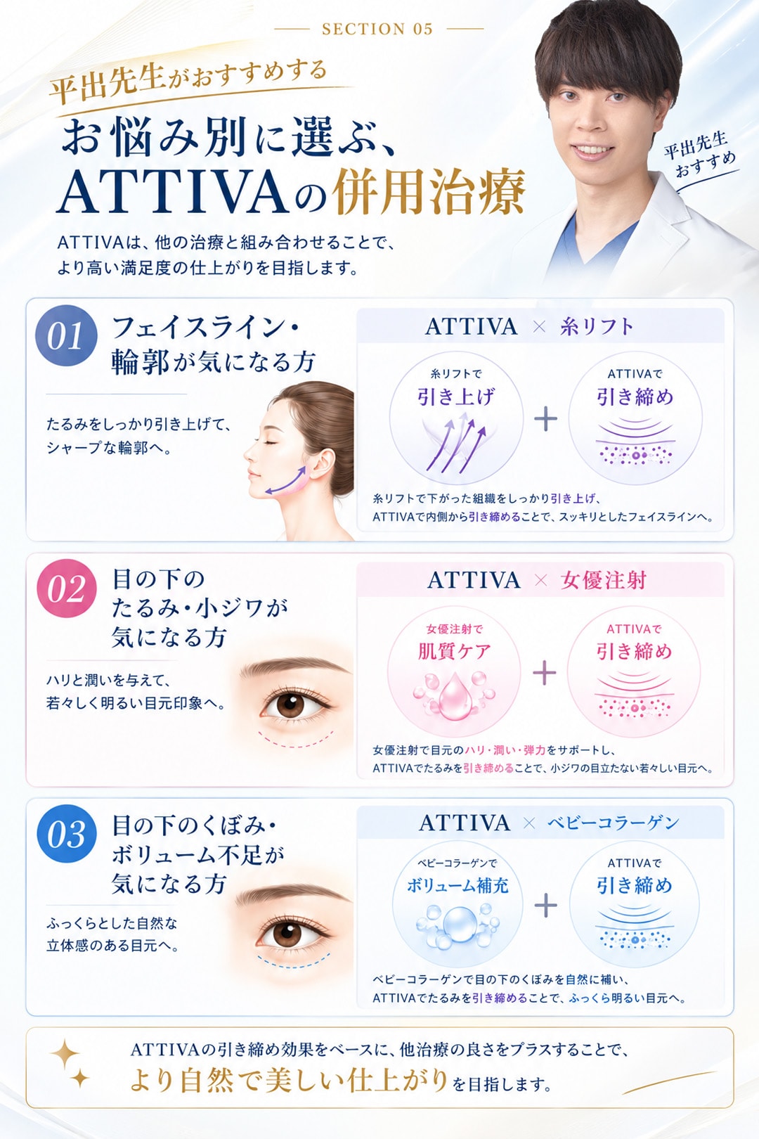 「引き締め」だけでなく、お悩みに合わせてトータルケア<br />
