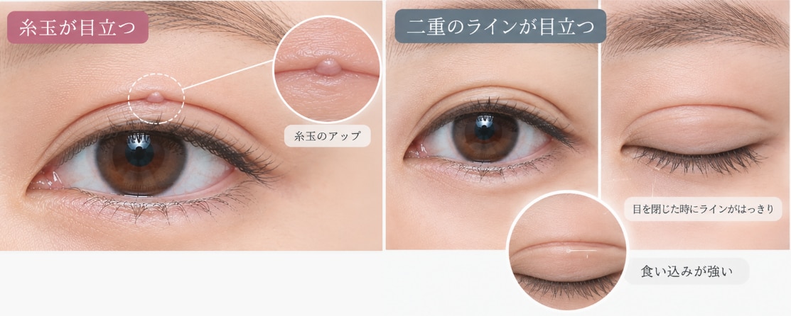 原因③ 糸の結び目や二重ラインが目立つ