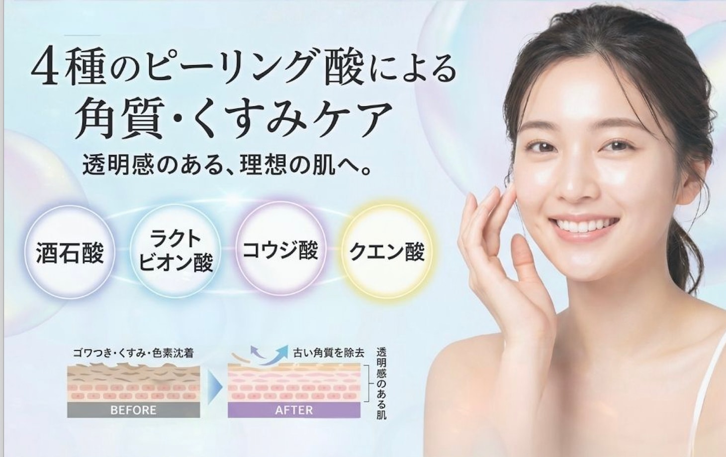 4種のピーリング酸による角質・くすみケア<br />
