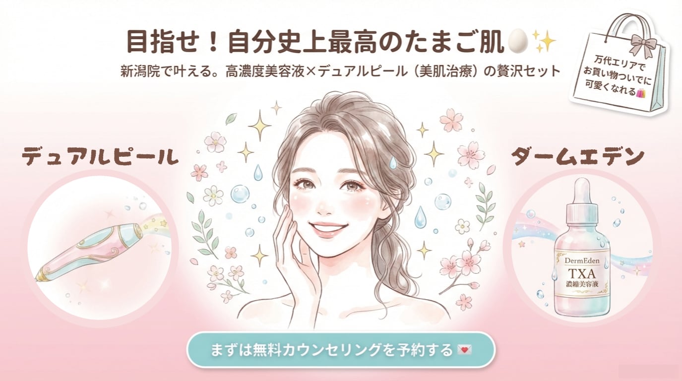 万代エリアでお買い物ついでに賢くキレイを目指しませんか？新潟院限定の「うるツヤ美肌プロデュース」で、自分史上最高のたまご肌へ