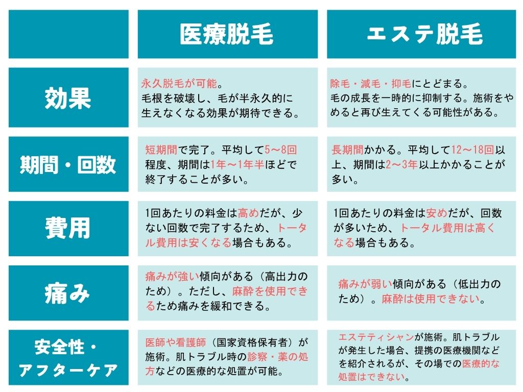 効果、期間・回数、費用、痛み、安全性・施術者の5つのポイントに分けて比較