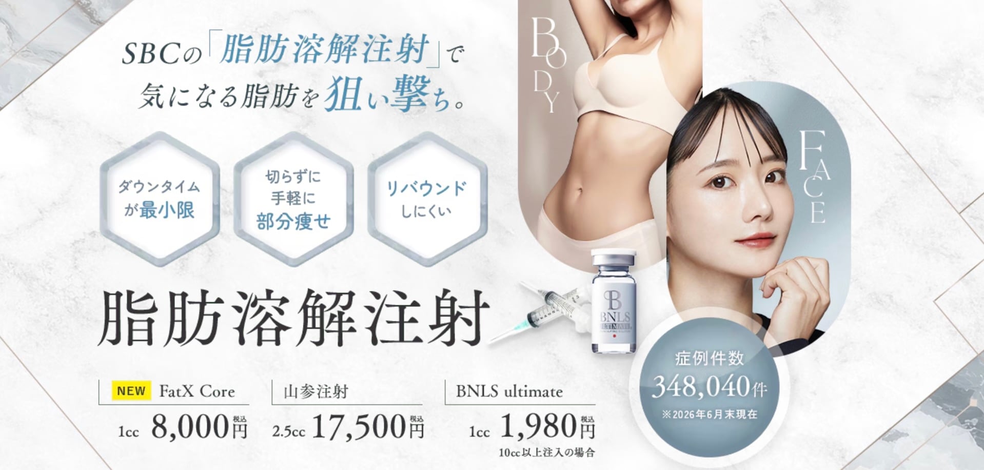 ② 脂肪溶解注射：少量ずつの変化のため、変化実感までに回数と費用がかかる