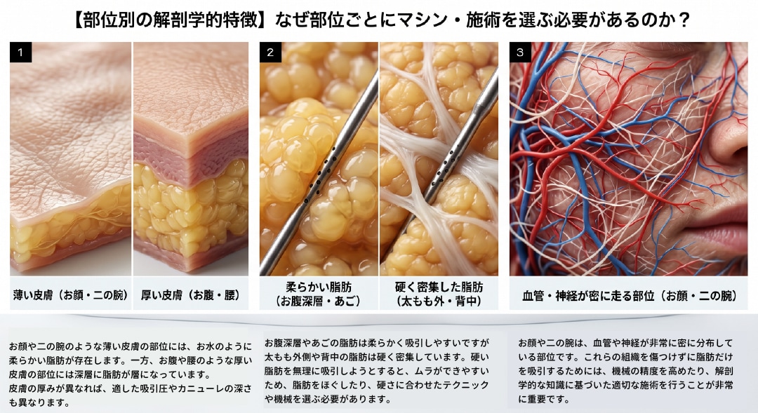 ① 部位によって「皮膚の厚み」「脂肪の硬さ」「血管の密度」が全く異なるため