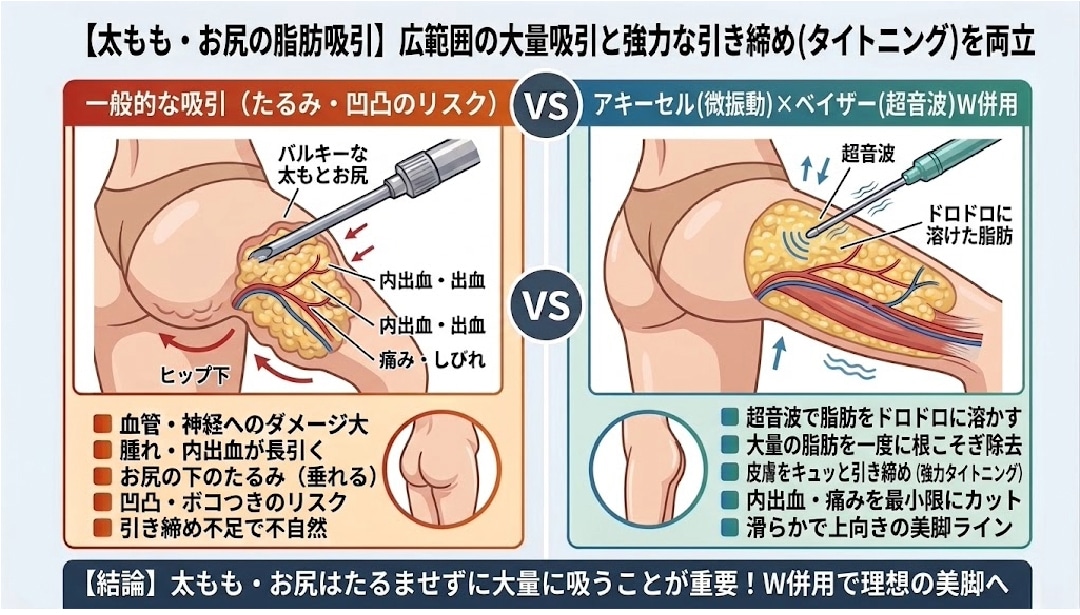 ③ 太もも・お尻：「広範囲の大量吸引＆強力タイトニング」