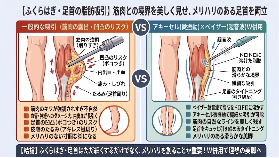 ⑤ ふくらはぎ・足首：「筋肉との境目を綺麗に見せる繊細吸引」